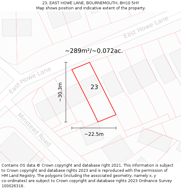 23, EAST HOWE LANE, BOURNEMOUTH, BH10 5HY: Plot and title map