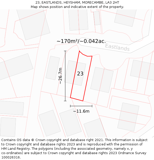 23, EASTLANDS, HEYSHAM, MORECAMBE, LA3 2HT: Plot and title map
