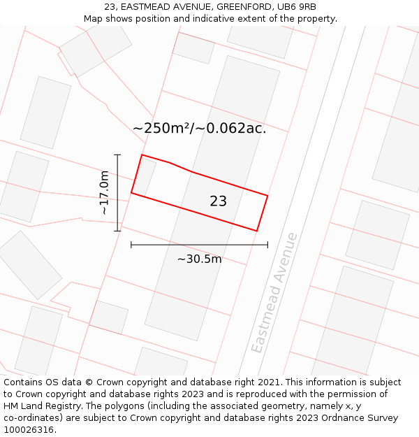 23, EASTMEAD AVENUE, GREENFORD, UB6 9RB: Plot and title map