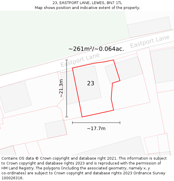 23, EASTPORT LANE, LEWES, BN7 1TL: Plot and title map