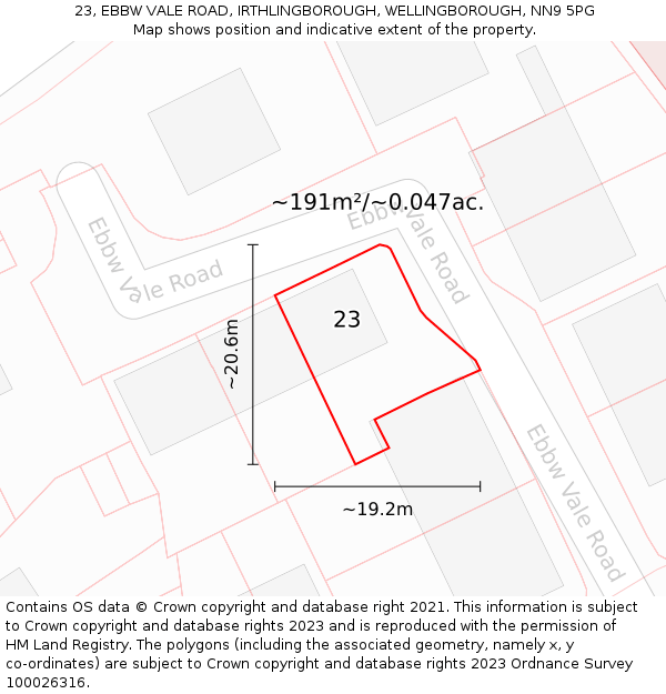 23, EBBW VALE ROAD, IRTHLINGBOROUGH, WELLINGBOROUGH, NN9 5PG: Plot and title map