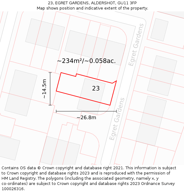 23, EGRET GARDENS, ALDERSHOT, GU11 3FP: Plot and title map