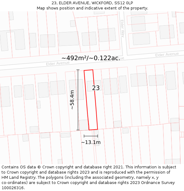 23, ELDER AVENUE, WICKFORD, SS12 0LP: Plot and title map