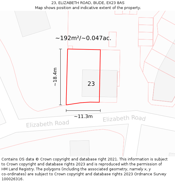 23, ELIZABETH ROAD, BUDE, EX23 8AS: Plot and title map