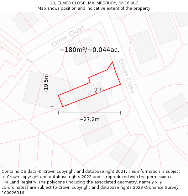 23, ELMER CLOSE, MALMESBURY, SN16 9UE: Plot and title map