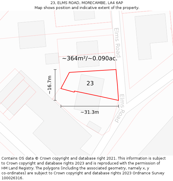 23, ELMS ROAD, MORECAMBE, LA4 6AP: Plot and title map