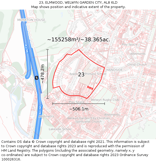 23, ELMWOOD, WELWYN GARDEN CITY, AL8 6LD: Plot and title map