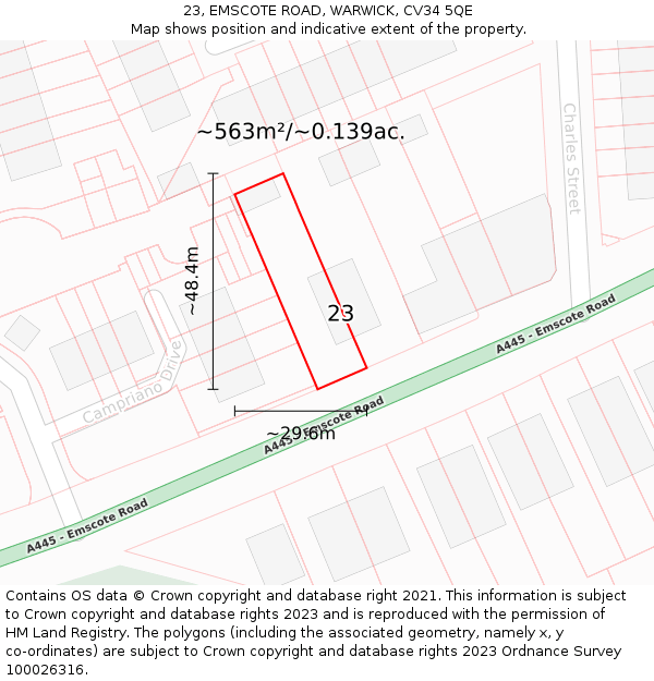 23, EMSCOTE ROAD, WARWICK, CV34 5QE: Plot and title map