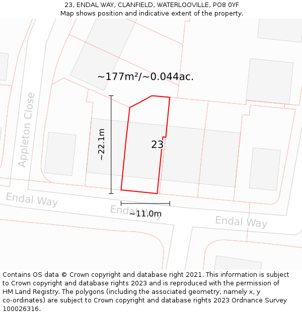 23, ENDAL WAY, CLANFIELD, WATERLOOVILLE, PO8 0YF: Plot and title map