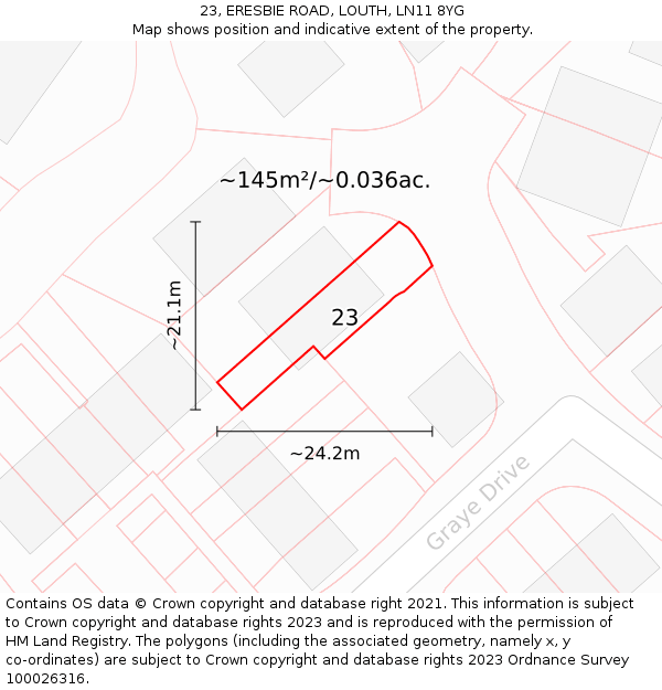 23, ERESBIE ROAD, LOUTH, LN11 8YG: Plot and title map