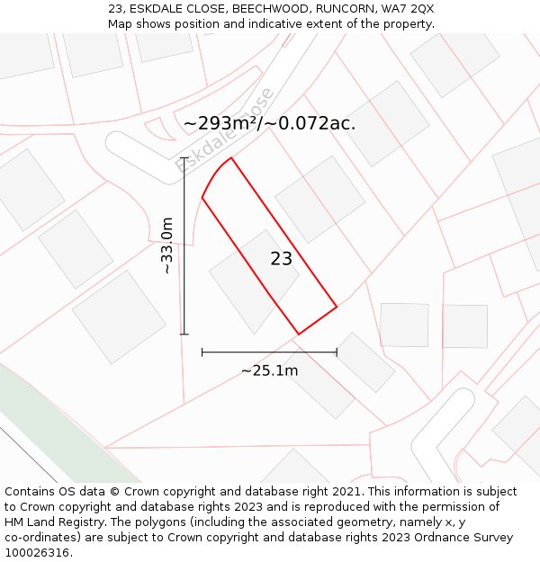 23, ESKDALE CLOSE, BEECHWOOD, RUNCORN, WA7 2QX: Plot and title map