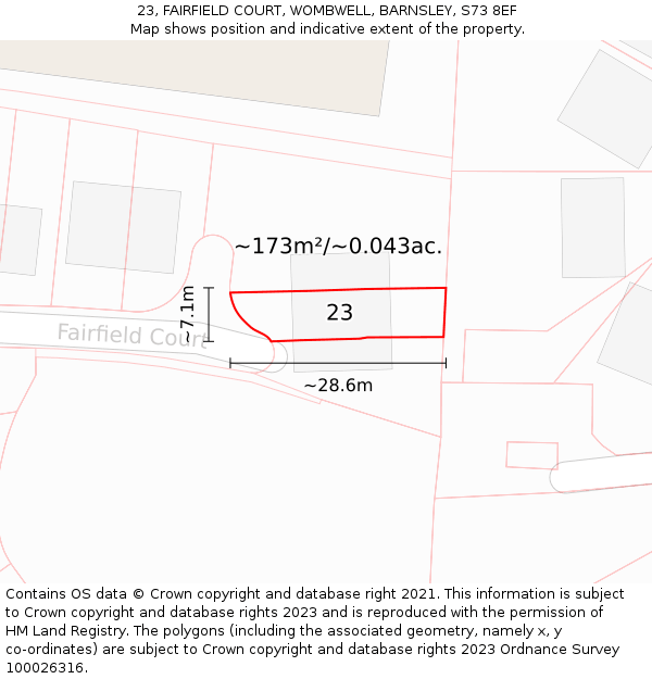 23, FAIRFIELD COURT, WOMBWELL, BARNSLEY, S73 8EF: Plot and title map