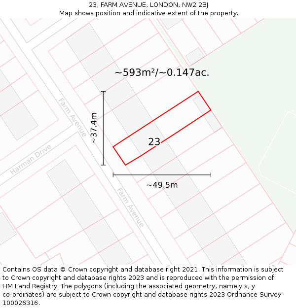 23, FARM AVENUE, LONDON, NW2 2BJ: Plot and title map