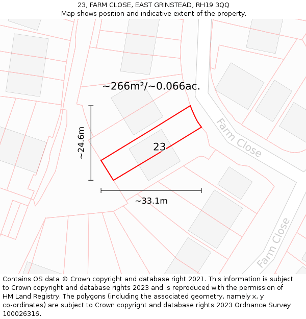 23, FARM CLOSE, EAST GRINSTEAD, RH19 3QQ: Plot and title map