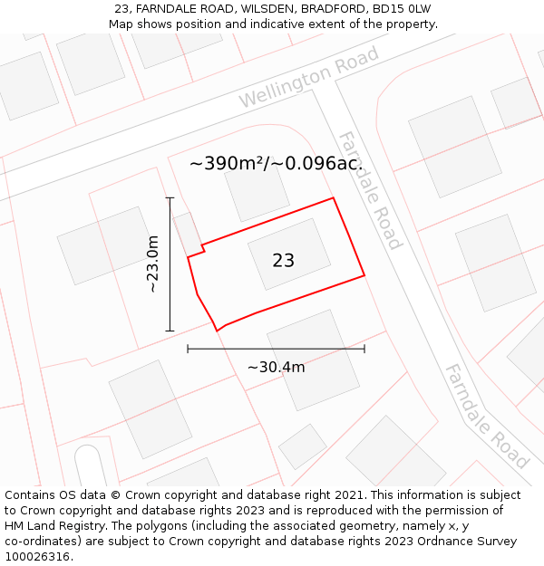 23, FARNDALE ROAD, WILSDEN, BRADFORD, BD15 0LW: Plot and title map