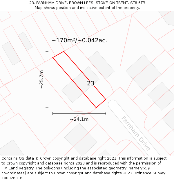 23, FARNHAM DRIVE, BROWN LEES, STOKE-ON-TRENT, ST8 6TB: Plot and title map