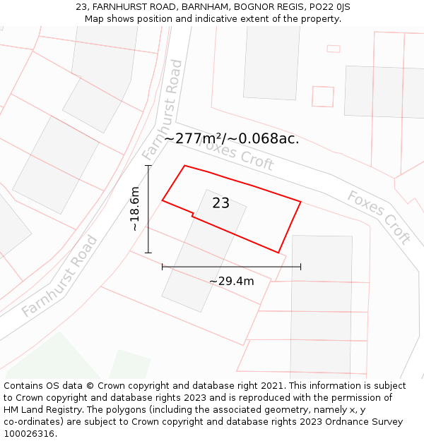 23, FARNHURST ROAD, BARNHAM, BOGNOR REGIS, PO22 0JS: Plot and title map