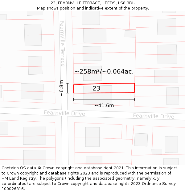 23, FEARNVILLE TERRACE, LEEDS, LS8 3DU: Plot and title map