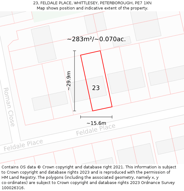 23, FELDALE PLACE, WHITTLESEY, PETERBOROUGH, PE7 1XN: Plot and title map