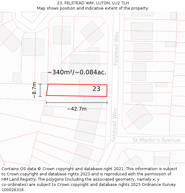 23, FELSTEAD WAY, LUTON, LU2 7LH: Plot and title map