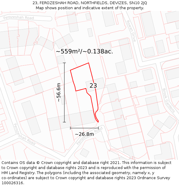 23, FEROZESHAH ROAD, NORTHFIELDS, DEVIZES, SN10 2JQ: Plot and title map
