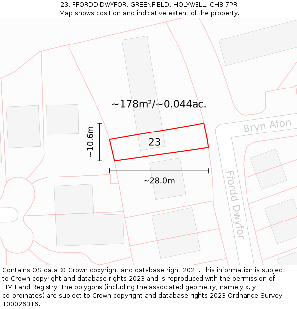 23, FFORDD DWYFOR, GREENFIELD, HOLYWELL, CH8 7PR: Plot and title map