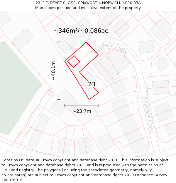 23, FIELDFARE CLOSE, SPIXWORTH, NORWICH, NR10 3RA: Plot and title map