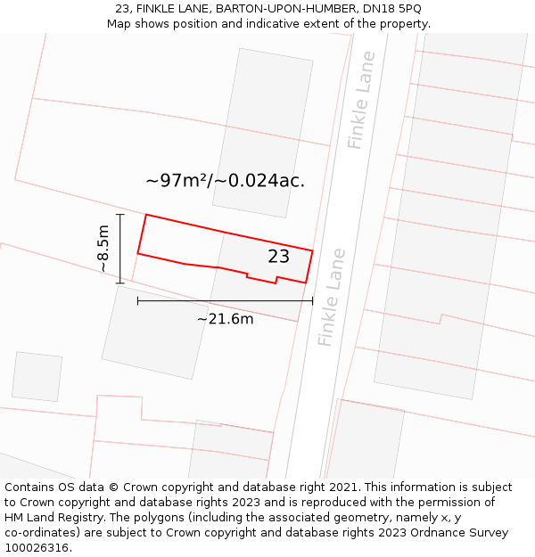 23, FINKLE LANE, BARTON-UPON-HUMBER, DN18 5PQ: Plot and title map