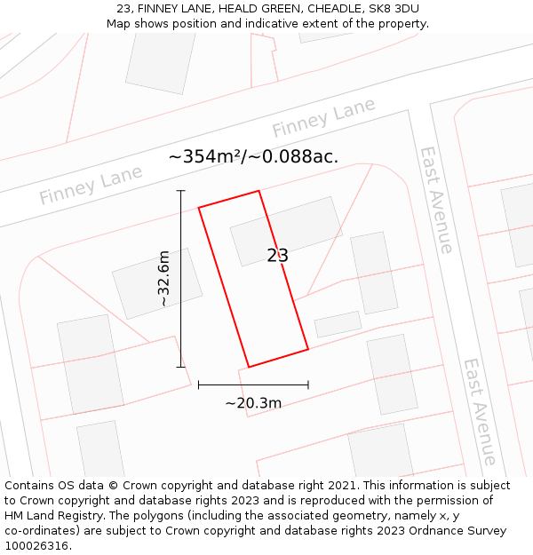 23, FINNEY LANE, HEALD GREEN, CHEADLE, SK8 3DU: Plot and title map