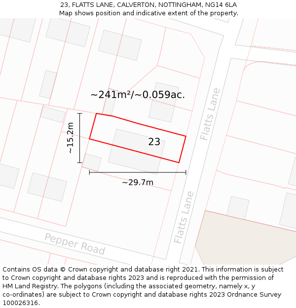 23, FLATTS LANE, CALVERTON, NOTTINGHAM, NG14 6LA: Plot and title map