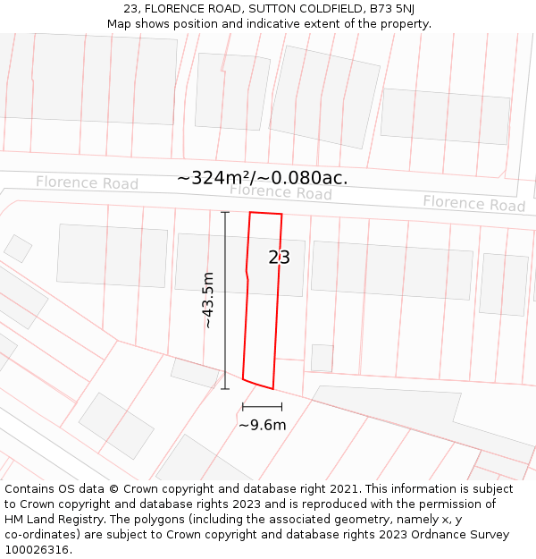 23, FLORENCE ROAD, SUTTON COLDFIELD, B73 5NJ: Plot and title map