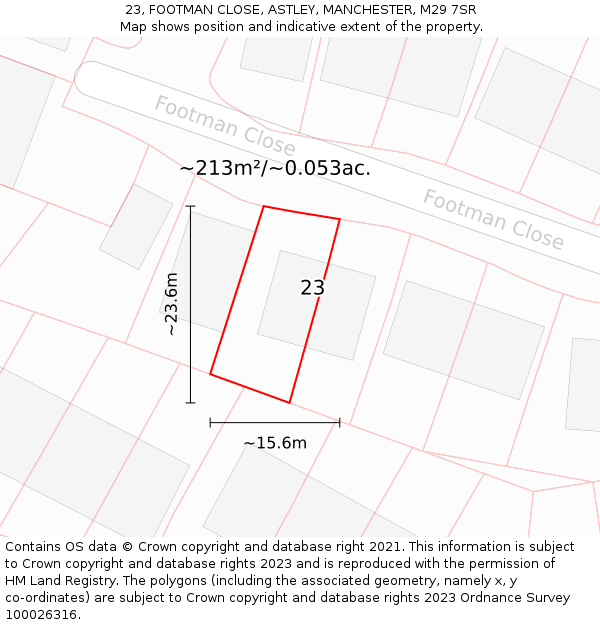 23, FOOTMAN CLOSE, ASTLEY, MANCHESTER, M29 7SR: Plot and title map