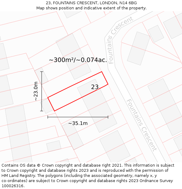 23, FOUNTAINS CRESCENT, LONDON, N14 6BG: Plot and title map