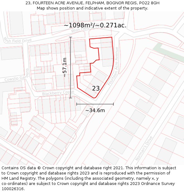 23, FOURTEEN ACRE AVENUE, FELPHAM, BOGNOR REGIS, PO22 8GH: Plot and title map