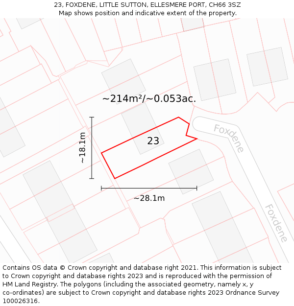 23, FOXDENE, LITTLE SUTTON, ELLESMERE PORT, CH66 3SZ: Plot and title map