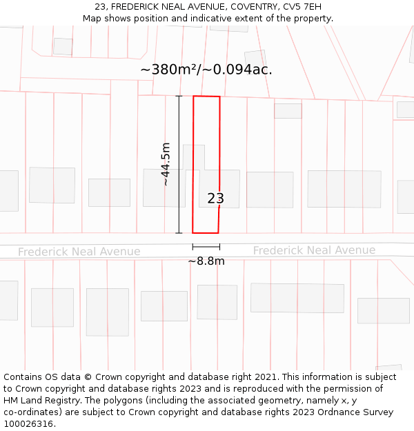 23, FREDERICK NEAL AVENUE, COVENTRY, CV5 7EH: Plot and title map