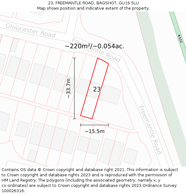 23, FREEMANTLE ROAD, BAGSHOT, GU19 5LU: Plot and title map