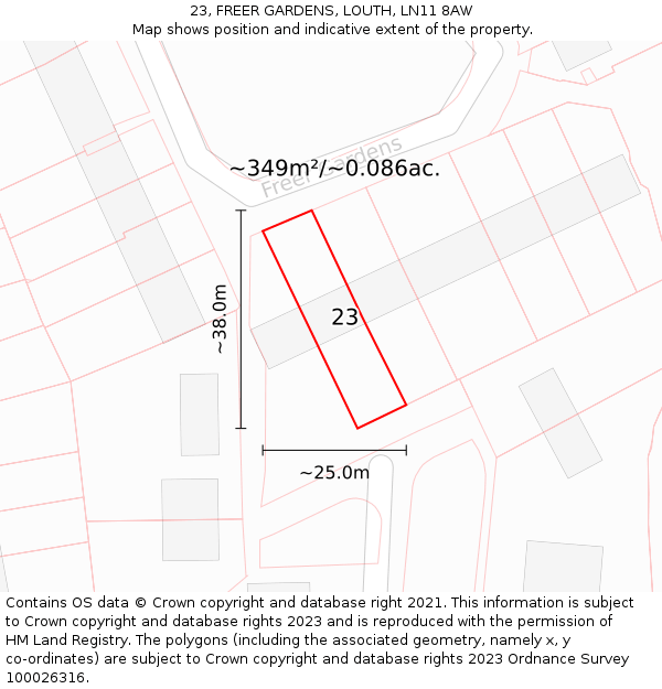 23, FREER GARDENS, LOUTH, LN11 8AW: Plot and title map