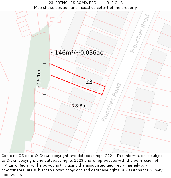 23, FRENCHES ROAD, REDHILL, RH1 2HR: Plot and title map