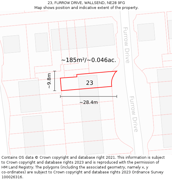 23, FURROW DRIVE, WALLSEND, NE28 9FG: Plot and title map