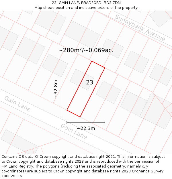 23, GAIN LANE, BRADFORD, BD3 7DN: Plot and title map