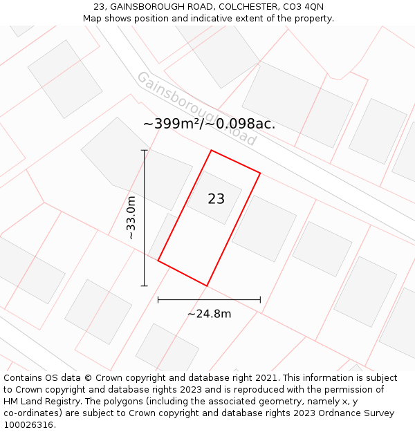 23, GAINSBOROUGH ROAD, COLCHESTER, CO3 4QN: Plot and title map