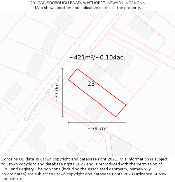 23, GAINSBOROUGH ROAD, WINTHORPE, NEWARK, NG24 2NN: Plot and title map