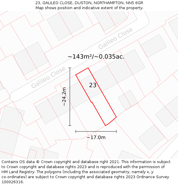 23, GALILEO CLOSE, DUSTON, NORTHAMPTON, NN5 6GR: Plot and title map