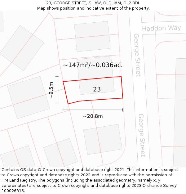 23, GEORGE STREET, SHAW, OLDHAM, OL2 8DL: Plot and title map