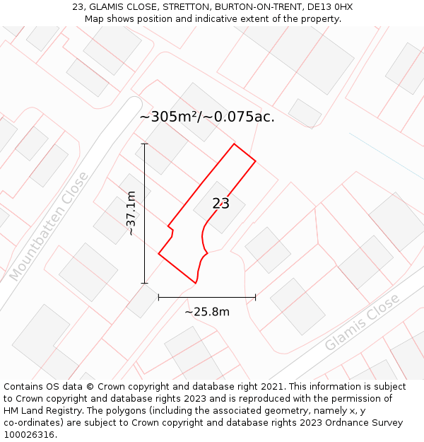 23, GLAMIS CLOSE, STRETTON, BURTON-ON-TRENT, DE13 0HX: Plot and title map