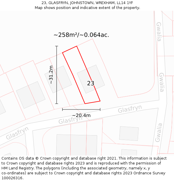 23, GLASFRYN, JOHNSTOWN, WREXHAM, LL14 1YF: Plot and title map