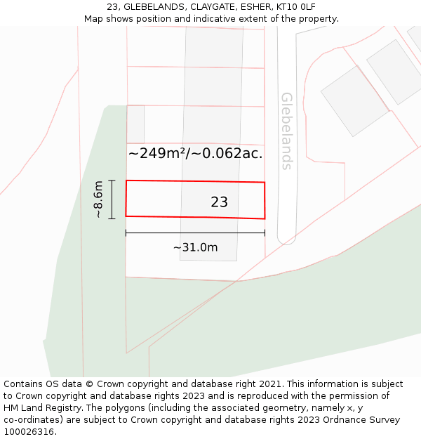 23, GLEBELANDS, CLAYGATE, ESHER, KT10 0LF: Plot and title map