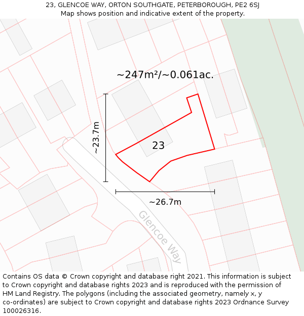 23, GLENCOE WAY, ORTON SOUTHGATE, PETERBOROUGH, PE2 6SJ: Plot and title map