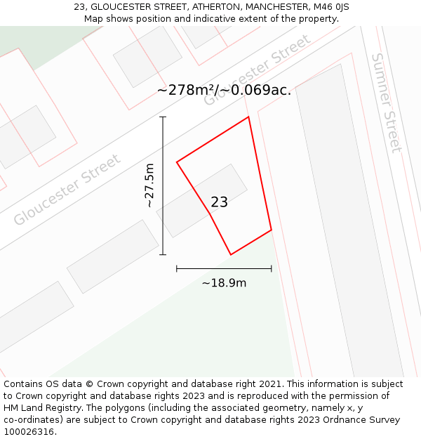 23, GLOUCESTER STREET, ATHERTON, MANCHESTER, M46 0JS: Plot and title map